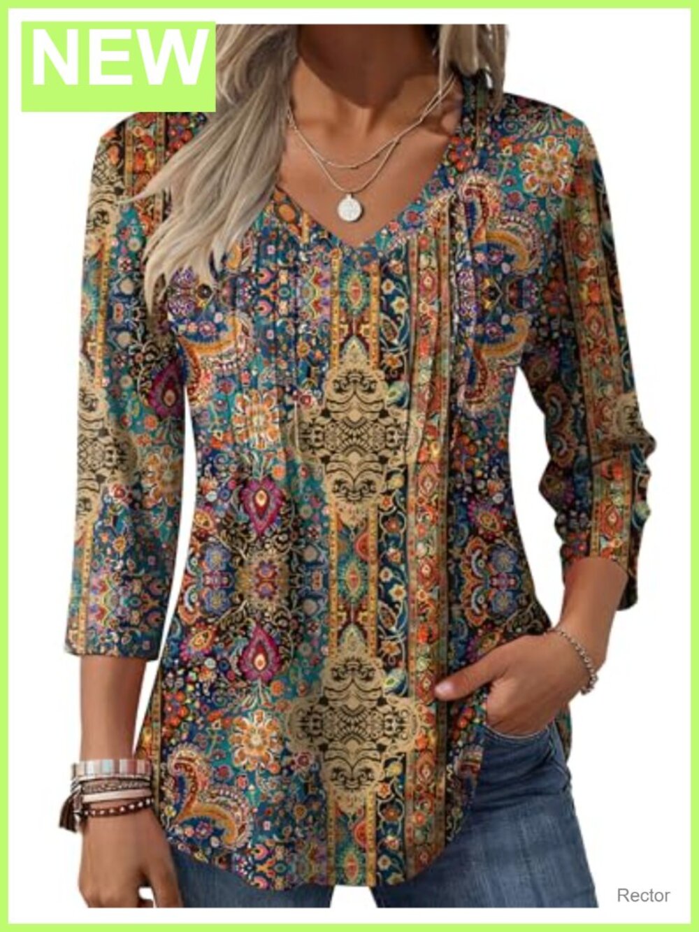 Zeagoo Womens 3/4 Sleeve V Neck Pleated Boho Floral Blouse